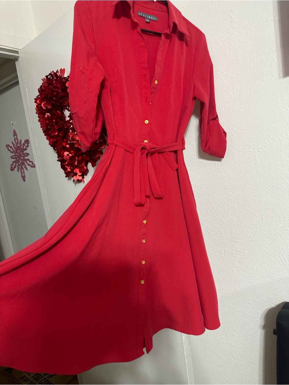 Sharagano Red Button-Front Midi Shirt Dress with Tie Waist